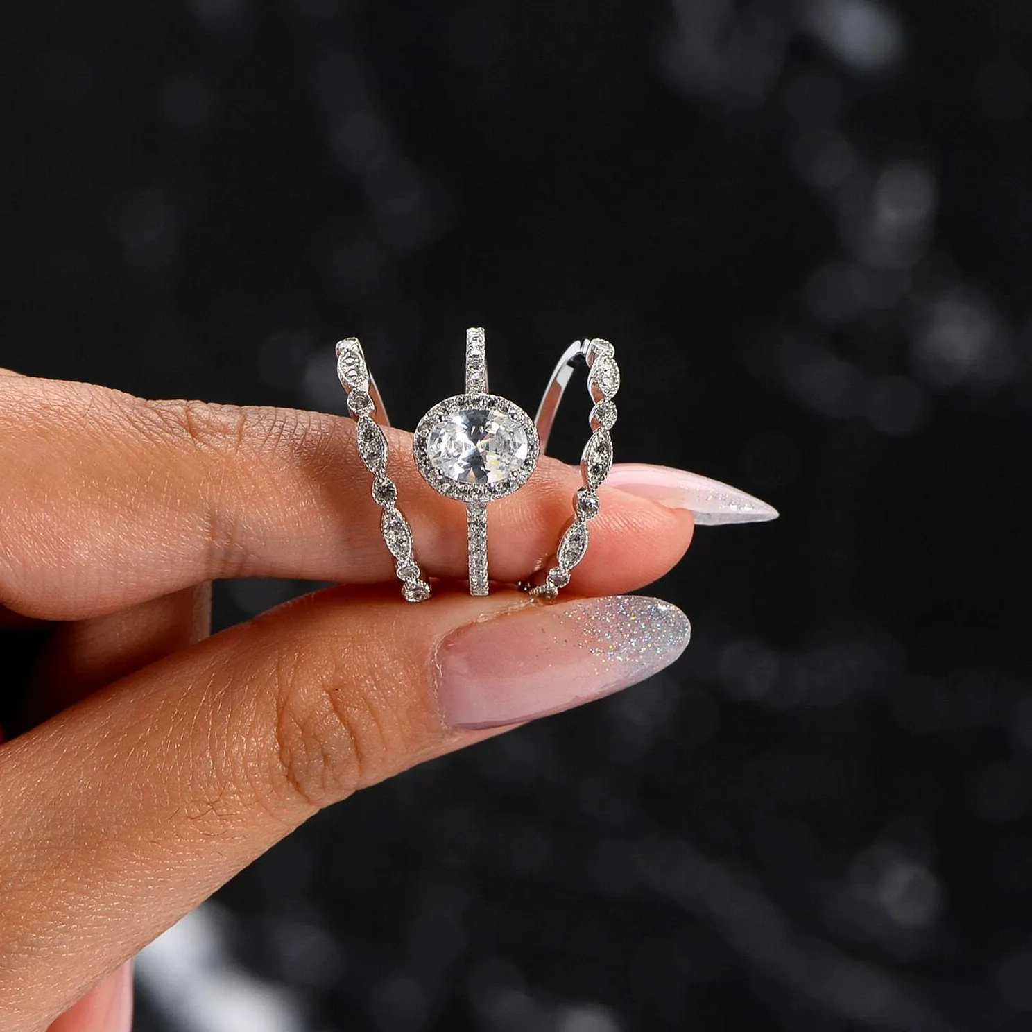 Authentic 1.25ct Oval Engagement Ring Set 14k White Gold Plated 3PCS Halo Bridal Ring Set