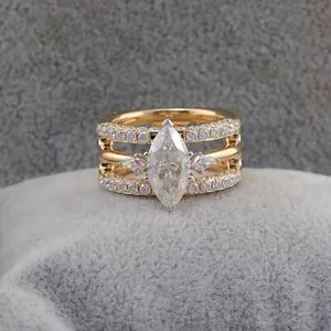 Authentic Art Deco 3 Row Engagement Ring 14K Yellow Gold Plated 1.60CT Marquise Moissanite