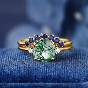 Authentic The Verdant Tapestry: 14K Gold-Plated Natural Moss Agate Three-Stone Ring Sanctuary