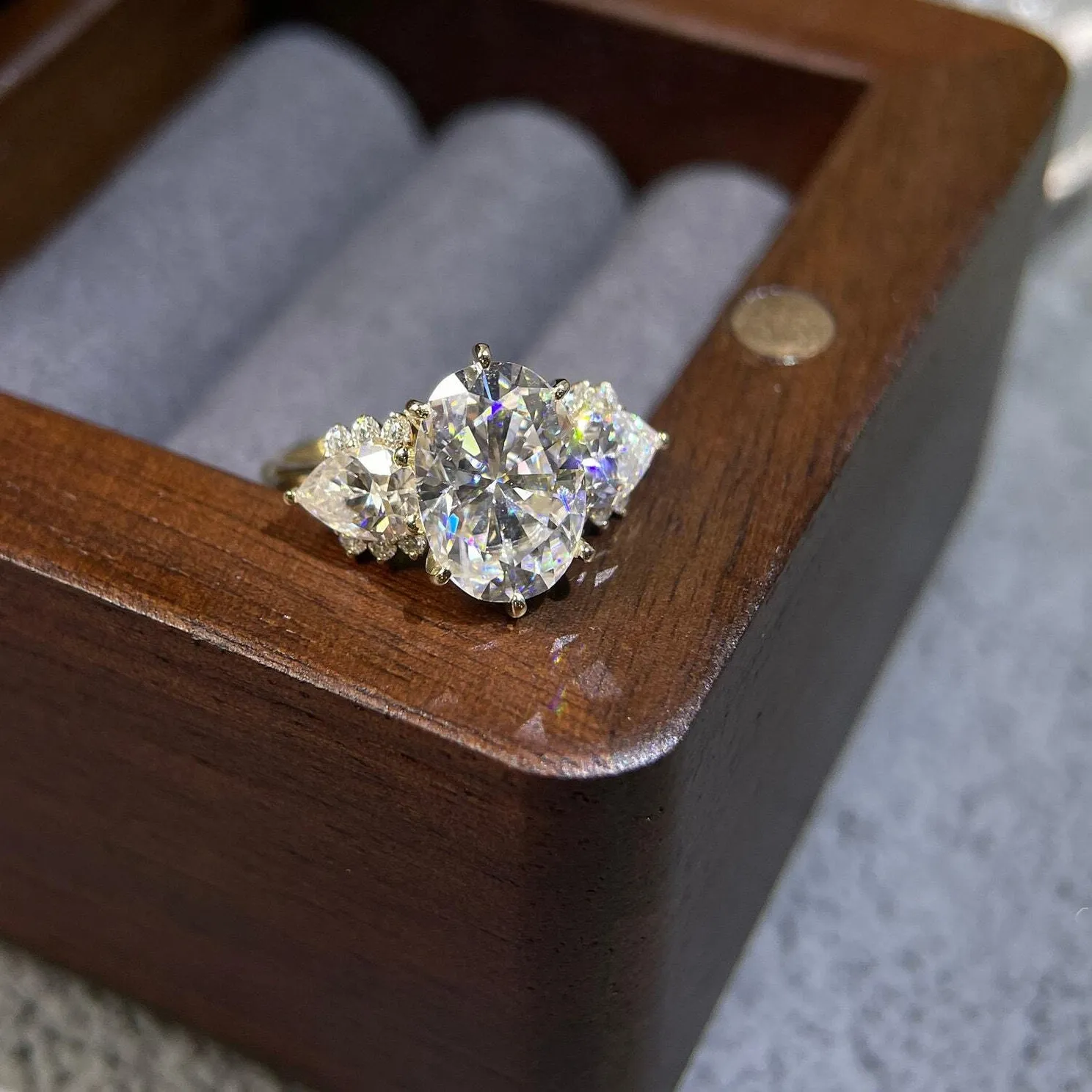 Authentic Cluster engagement ring 14k yellow gold plated 2.5ct Oval 3 Stone Moissanite rin