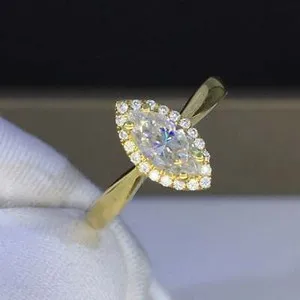 Authentic 14K Yellow Gold Plated Unique Halo Engagement Ring 3 Ct Marquise Cut Moissanite