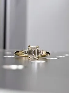 Authentic 3 Stone Dainty Engagement Ring 14K Yellow Gold Plated Emerald Moissanite Ring