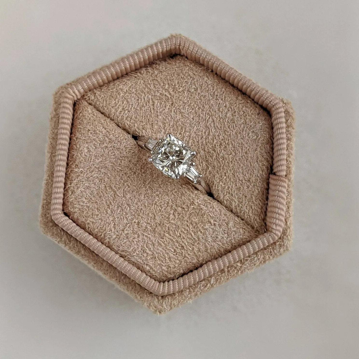 Authentic 1 Carat Square Cushion Moissanite 3 Stone Engagement Ring 14K White Gold Plated