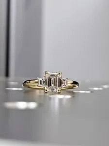 Authentic Dainty 0.50Ct Emerald Moissanite 3 Stone Engagement Ring 14K Yellow Gold Plated