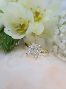 Authentic 3 Ct Radiant Moissanite Unique Solitaire Engagement Ring 14K Yellow Gold Plated