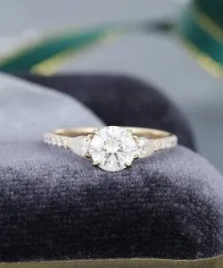 Authentic Accented 3 Stone 1 Ct Round Moissanite Engagement Ring 14K Yellow Gold Plated