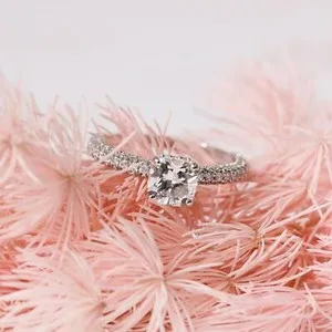 Authentic Accented 1 CT Cushion Moissanite  3 Row Engagement Ring 14K White Gold Plated