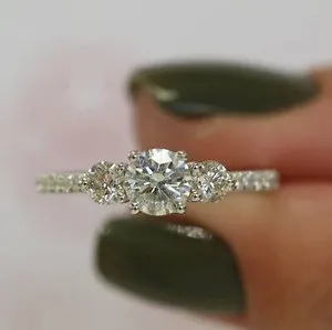 Authentic Accented  Engagement Ring  0.55CT Round 3 Stone Moissanite 14K White Gold Plated