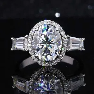Authentic 14K White Gold Plated 3 Ct Oval Cut Moissanite Three Stone Halo Engagement Ring