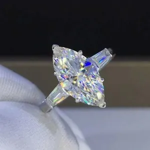 Authentic Three Stone Engagement Ring 3 Ct Marquise Cut Moissanite 14K White Gold Plated