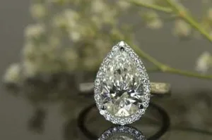 Authentic Celestial Union: 14K White Gold Halo Solitaire Ring with 3 CT Pear White Moissanite