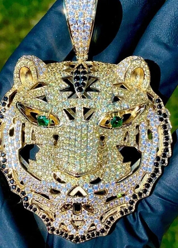 Authentic 6.00Ct Round Cut Real Moissanite Men's Big Tiger Pendant 14K Yellow Gold Plated