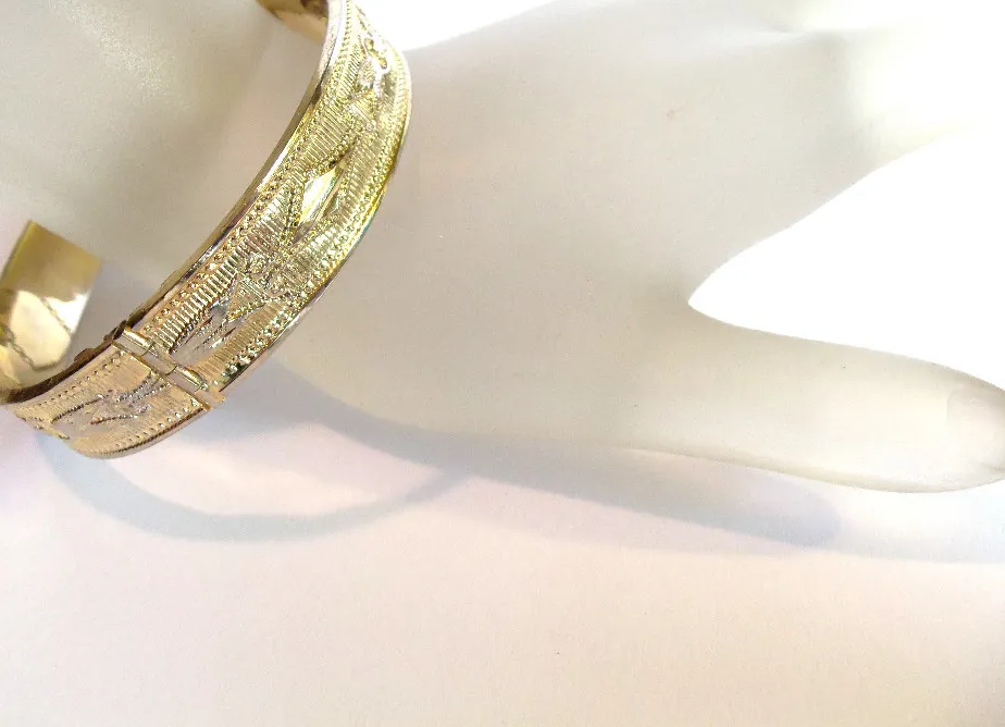Authentic Whispers of Protection: Vintage Gold Plated Feather Design Hinged Bracelet