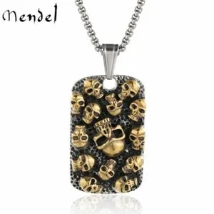 Authentic MENDEL Mens Gothic Gold Plated Skull Dog Tag Pendant Necklace