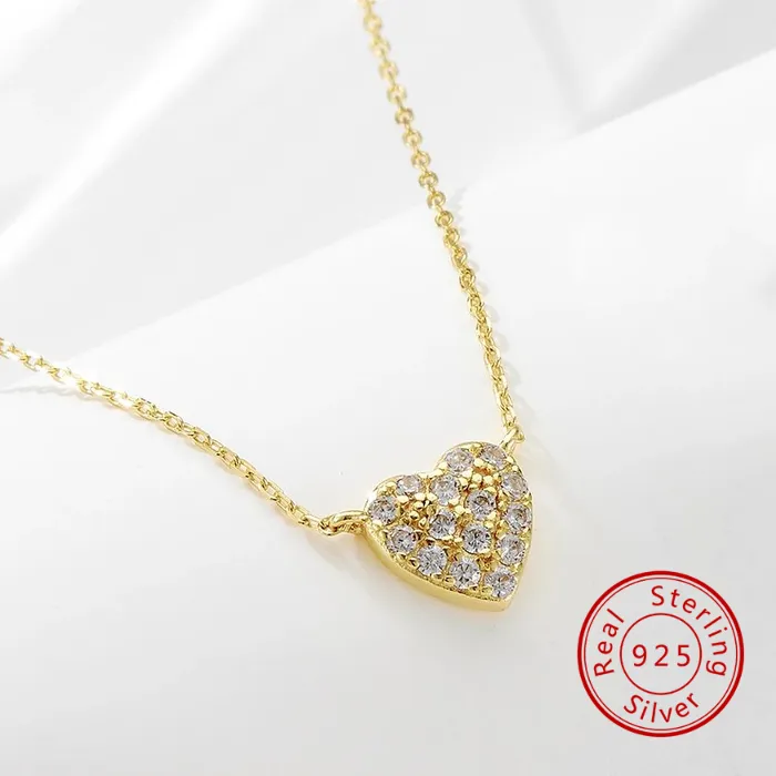 Authentic 925 Sterling Silver 14K Gold/Rhodium Plated Pave CZ Heart Pendant Necklace Women Dainty Minimalist Fine Jewelry