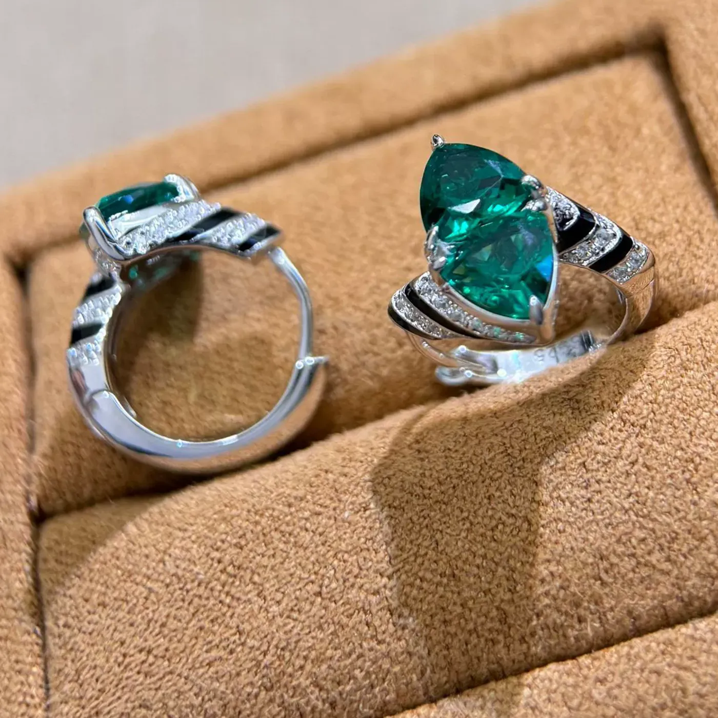 Authentic High Grade Double Emerald Green Triangle Stone Black Enamel Leopard Print Hoop Earrings Silver 925 Luxury Fine Jewelry For Women