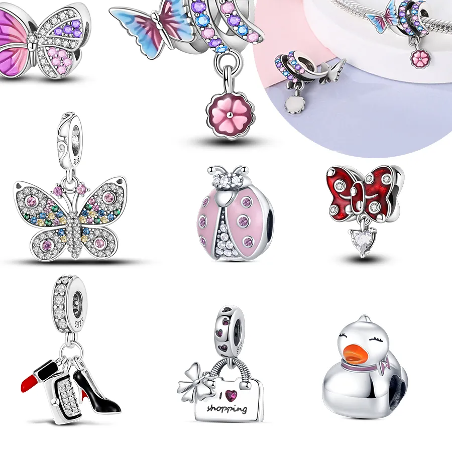 Authentic Original 925 Silver Charms Beads Fit Bracelet Diy Jewelry Butterfly Ladybug High Heels Duck Shopping Charms Accessory