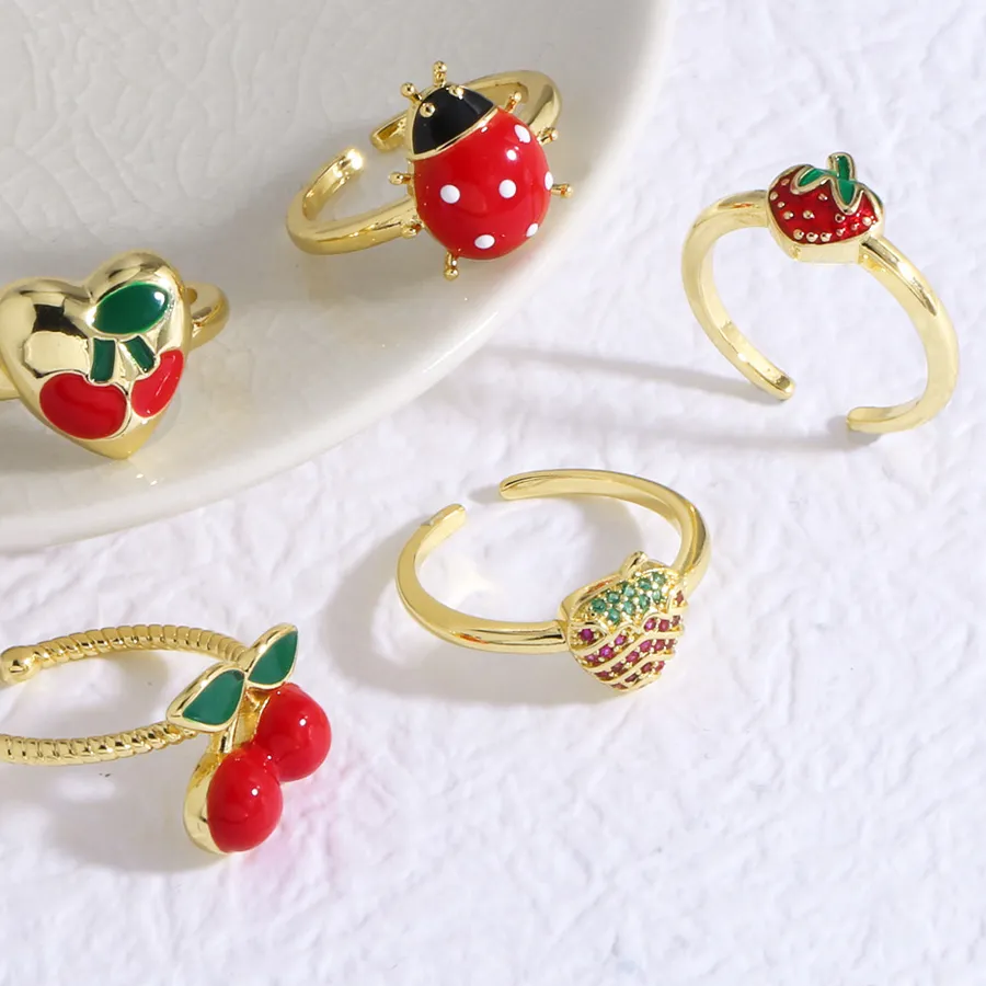Authentic Ocesrio Red Enamel Beetle Ladybug Statement Rings Gold Plated Cherry Strawberry Ring Jewelry Rigp35