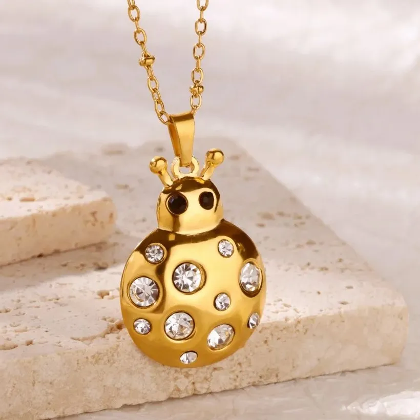 Authentic Zircon Ladybug Necklaces For Women Geometric Pendant Gold Color Rainbow Ladybug Necklace Jewelry