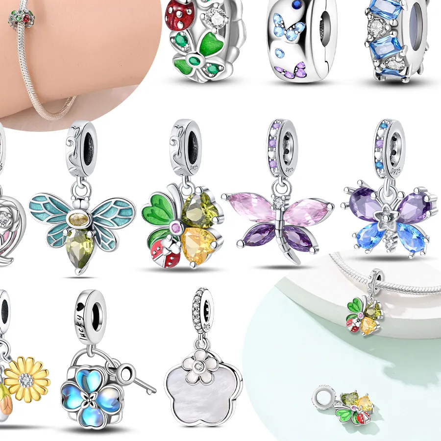 Authentic Clover Ladybug Floral Heart Dangle Original Charm Silver Plated Beads Fit Bracelets Bag Keychain Charms Diy Women Accessory