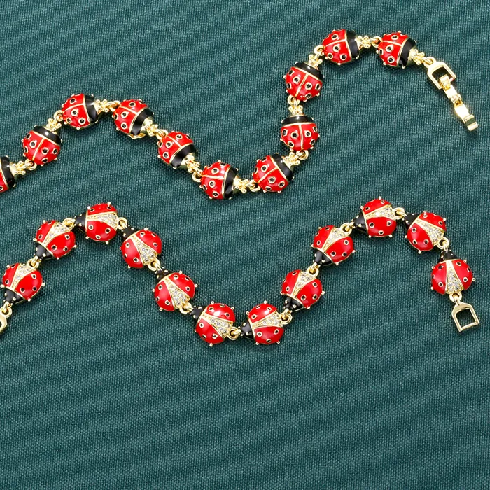 Authentic ZHUKOU Retro Enamel Red Glaze Insect Ladybug Bracelet Women's Cute and Sweet Metal Jewellery 1 Piece:VL665 VL666