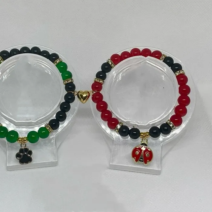 Authentic Handmade red and green bead bracelets with ladybug and cat footprints | Unique and charming themed bracelet | for her