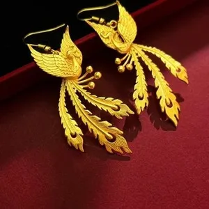 Authentic Chinese Style Exquisite Gold Plated Phoenix Earrings for Women