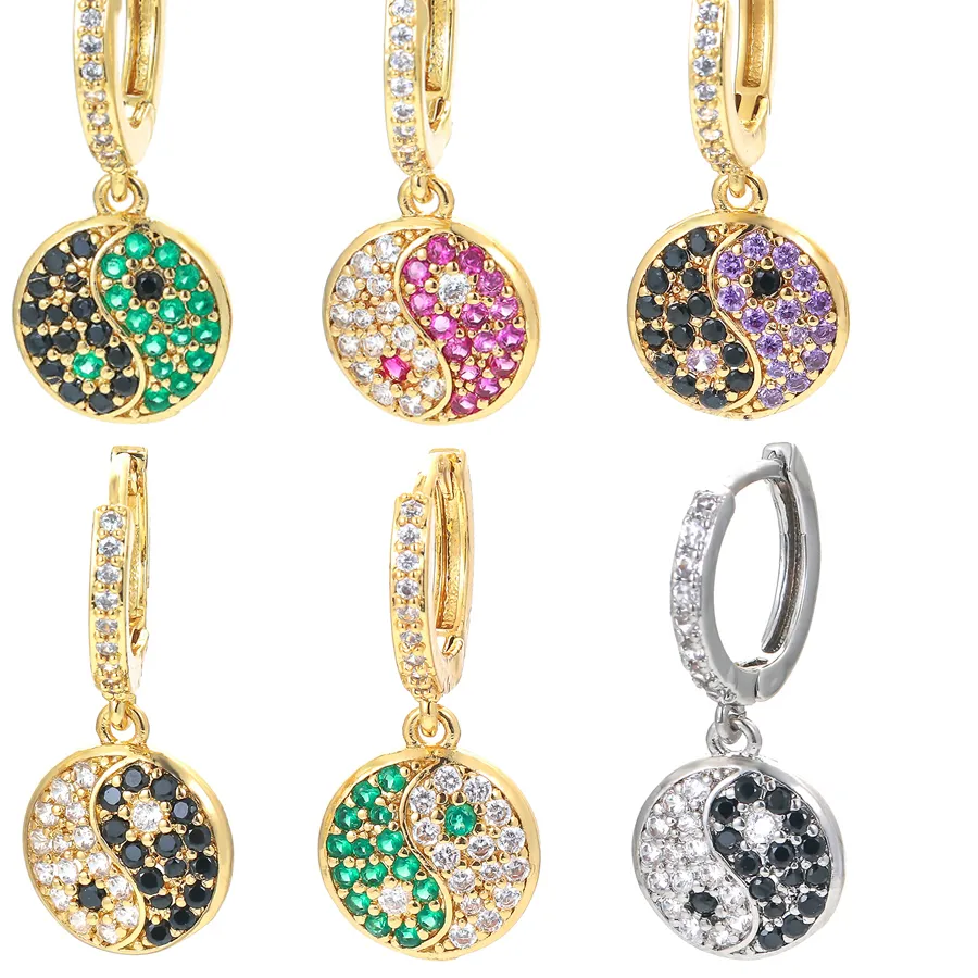 Authentic Tai Chi Yin Yang Circle Hoop Earrings Multicolor Zircon Gold- Plated Talismans Of Balance