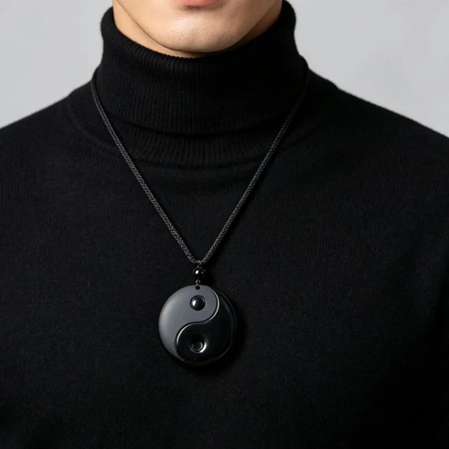 Authentic Black Yin Yang Necklace Stone Amulet Tai Chi Pendant Lucky Daily Wear Obsidian Necklace Holiday