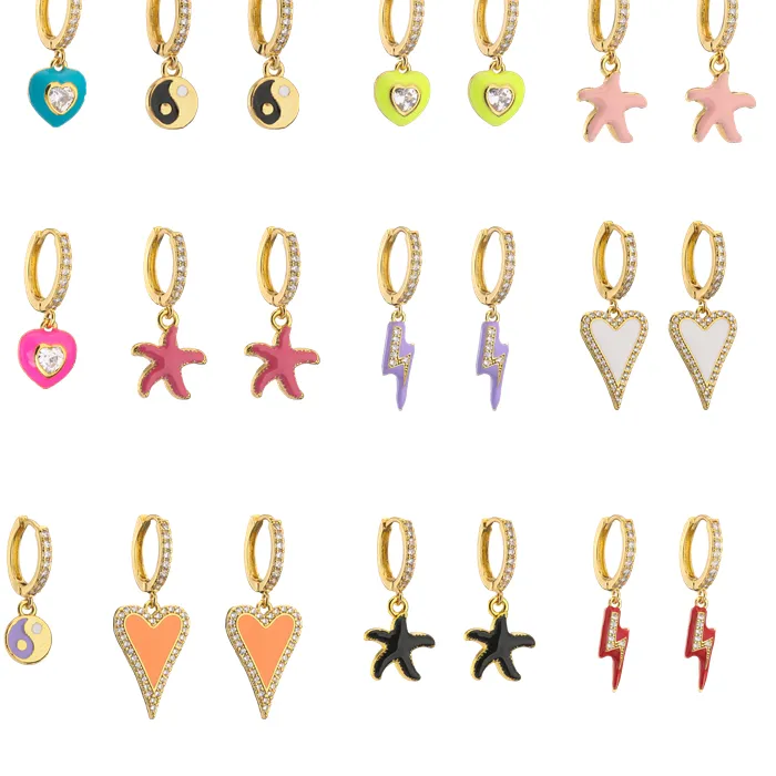 Authentic HECHENG, Colorful Zircon Pendant Small Hoop Earrings,Christmas Earrings,Heart Lightning Star YinYang Jewelry,Wholeasale