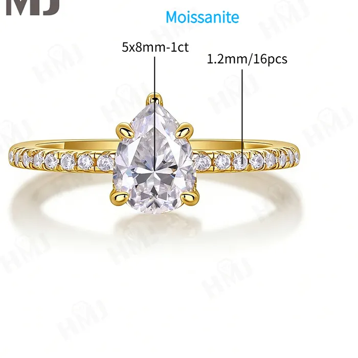 Authentic 1ct Moissanite Ring D Color VVS1 Clarity Pear Cut S925 Sterling Silver Fine Jewelry For Women Anniversary Engagement Wedding