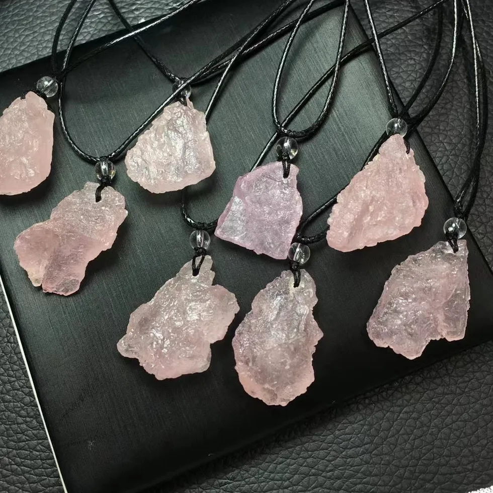 Authentic 1 Pc Fengbaowu Natural Raw Rough Pink Beryl Morganite Pendant Wax Cord Crystal Reiki Healing Stone Jewelry Women