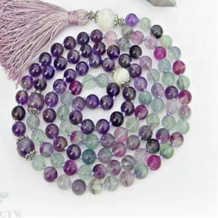 Authentic 8mm Fluorite Amethyst Moonstone Gemstone Mala Necklace 108 Bead Reiki Yoga Gemstone Meditation Fancy Veins Nepal Bless Chakas