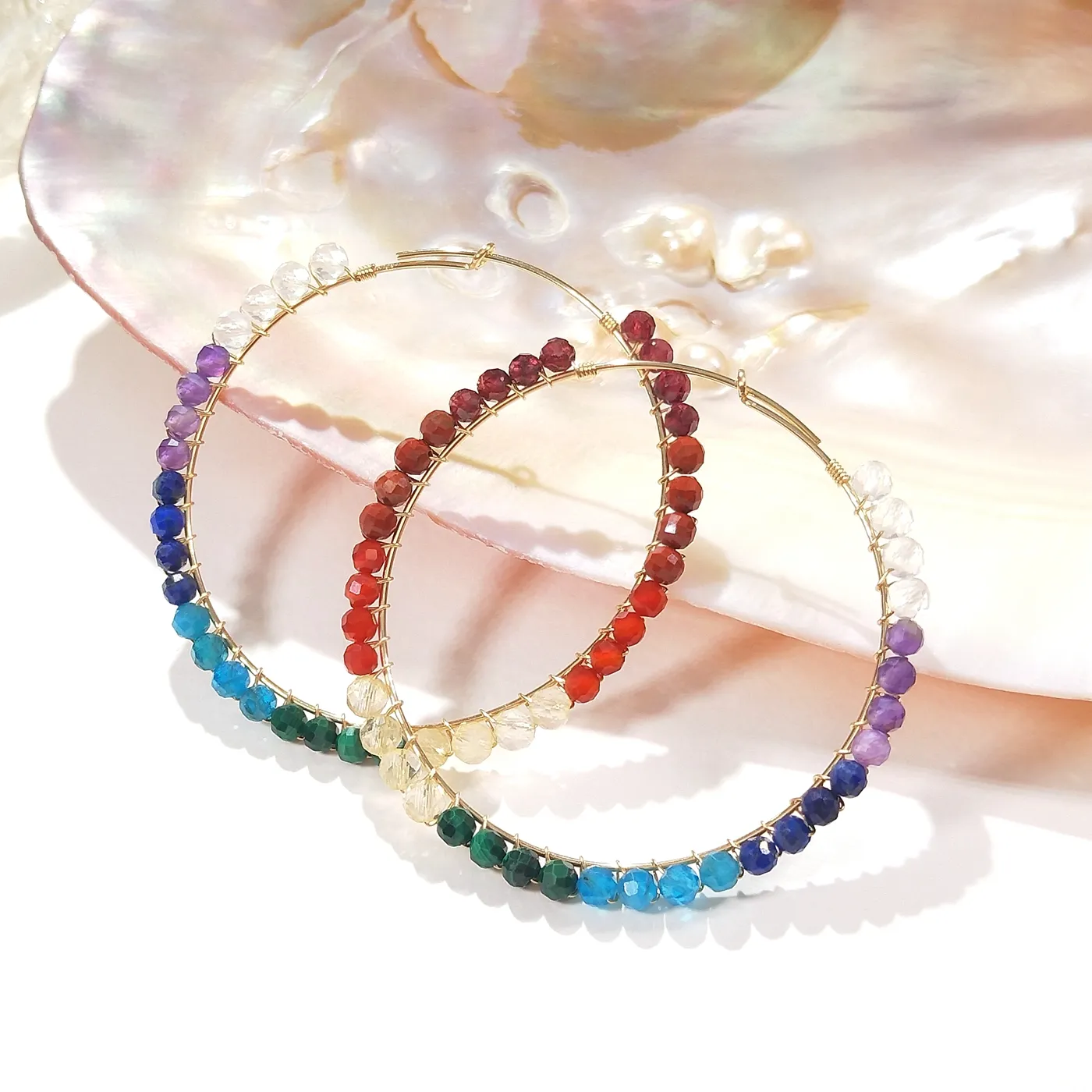 Authentic Lii Ji Natural 7 Chakras Stone Earrings American 14K Gold Filled 45mm Hoop Earrings Real Gemstone Handmade Trendy Female Jewelry
