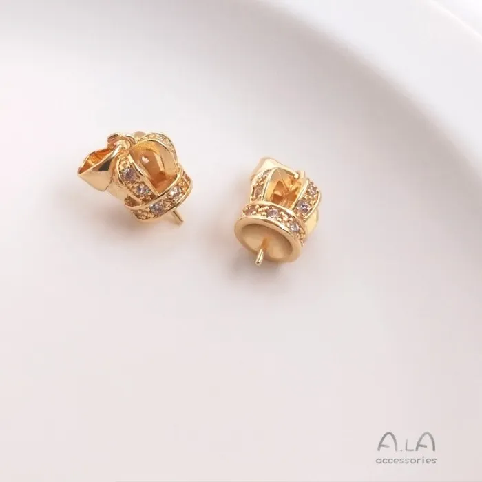Authentic Color Retention 14K Gold Inlaid Zircon Crown Half-hole Bead Holder Crystal Pearl Buckle DIY Handmade Jewelry Accessories
