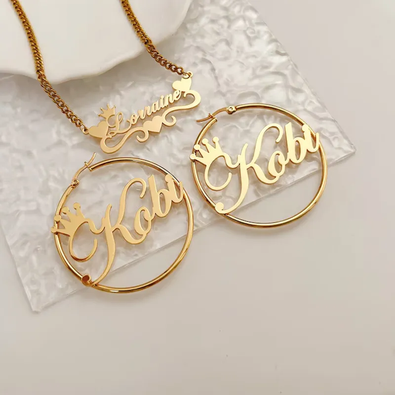 Authentic Acheerup Personalized Name 4mm Cuban Chain Necklace 50mm Hoop Earrings for Women Heart Crown Choker Jewelry Set