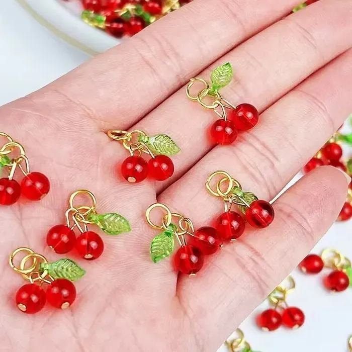 Authentic 10 Pack 18x18mm Multishape 3D Red Cherry Acrylic Pendants Cute Fruit Charms Handmade Women Jewelry Findings