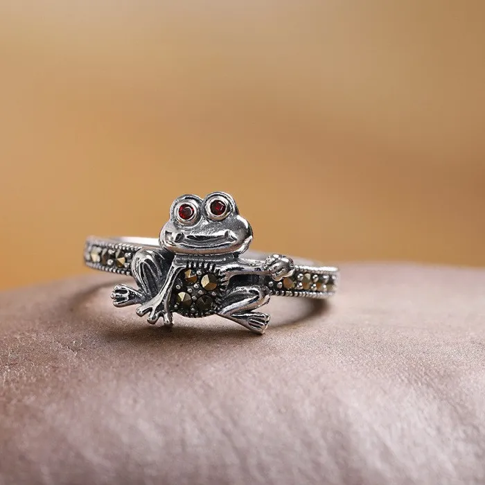Authentic BOCAI S925 Sterling Silver Jewelry Vintage Set With Maxaystone Frog Ring Women's Selected
