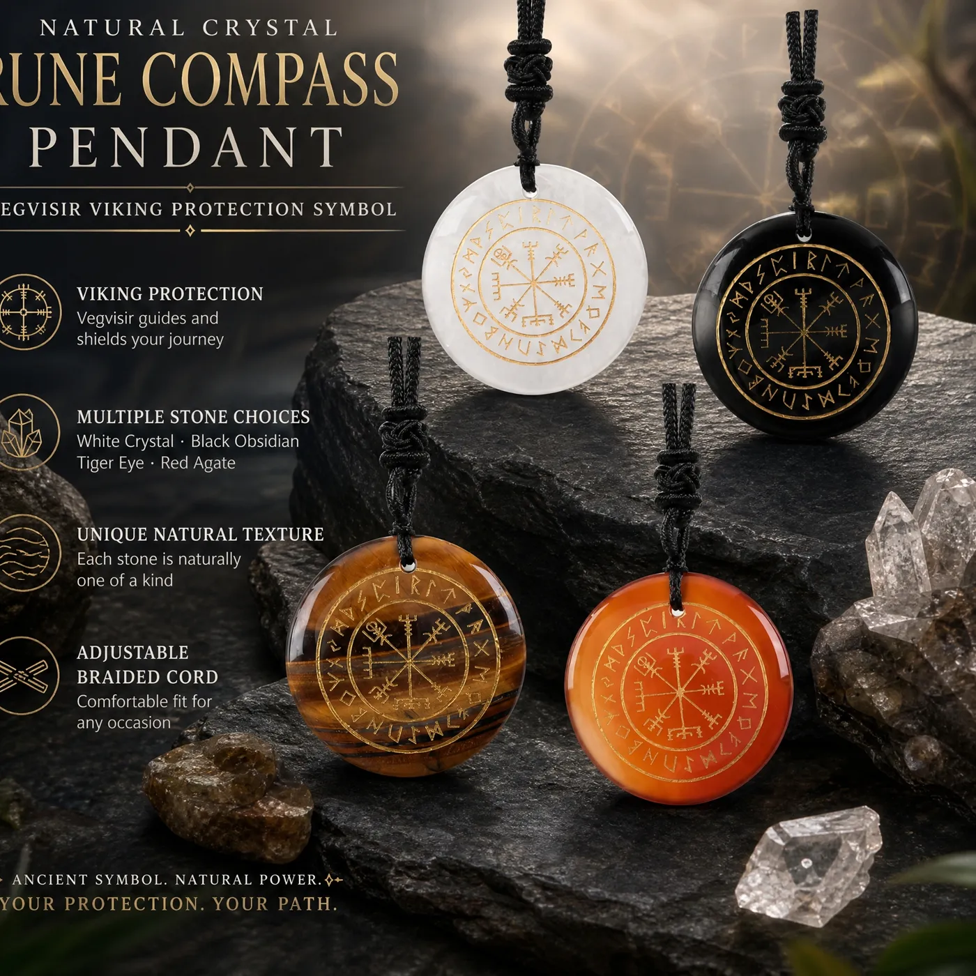 Authentic Natural Crystal Quartz Mysterious Nordic Goethe Futhark Runes Viking Compass Vegvisir Reiki Energy Pendant Necklace For Jewelry