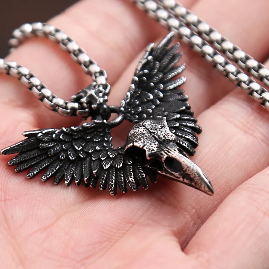 Authentic Unique Vintage Black Raven Skull Wing Pendant Necklace for Men Women Punk Animal Amulet Jewelry Gifts