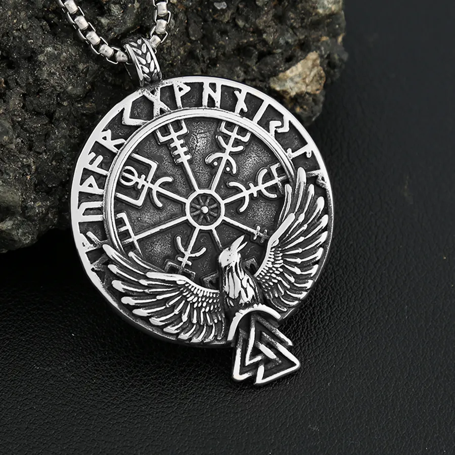 Authentic Nordic Vikings Compass Rune Pendant Necklace For Men Women Vintage Odin Raven Necklaces Amulet Jewelry