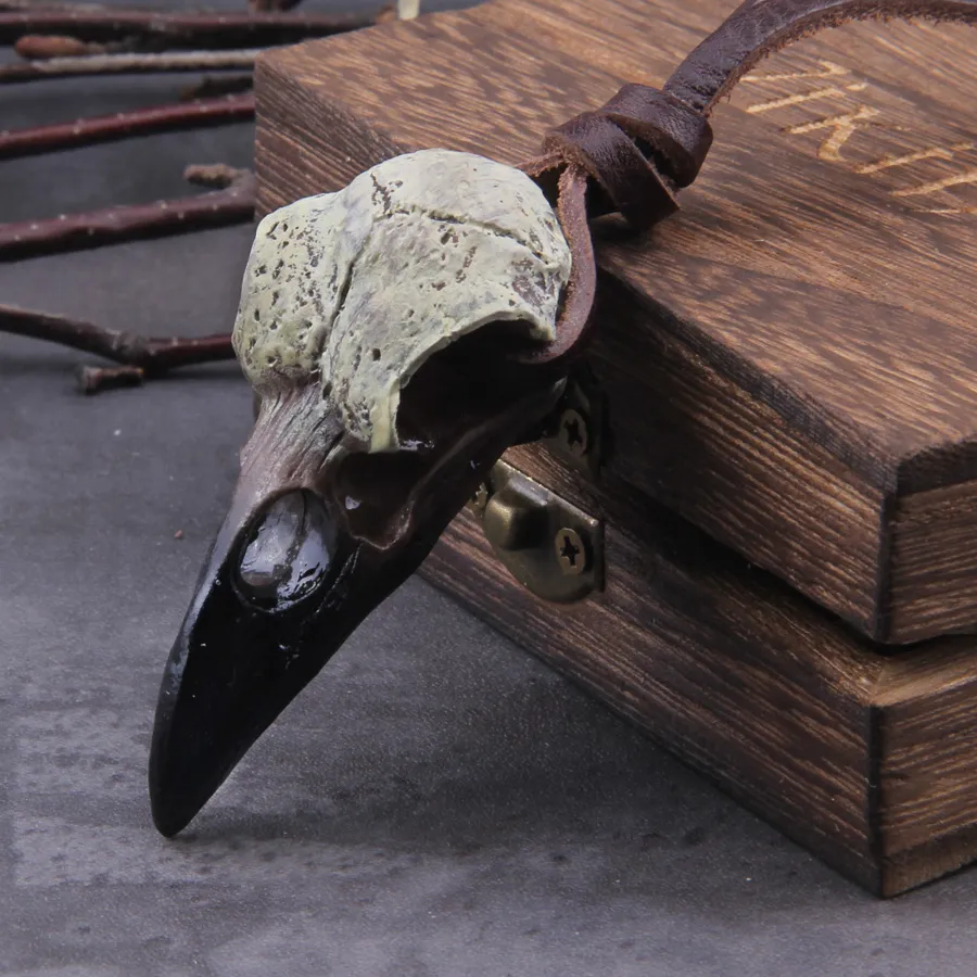Authentic 3D Goth Raven Skull Necklace Resin Replica Raven Magpie Crow Poe Gothic,Halloween Raven Skull Necklace with wooden box