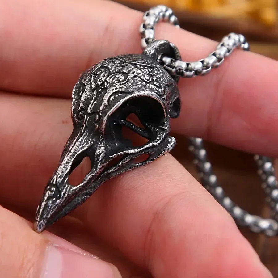 Authentic Punk Nordic Crow Pendant For Men Vintage Raven Skull Necklace Viking Amulet Jewelry