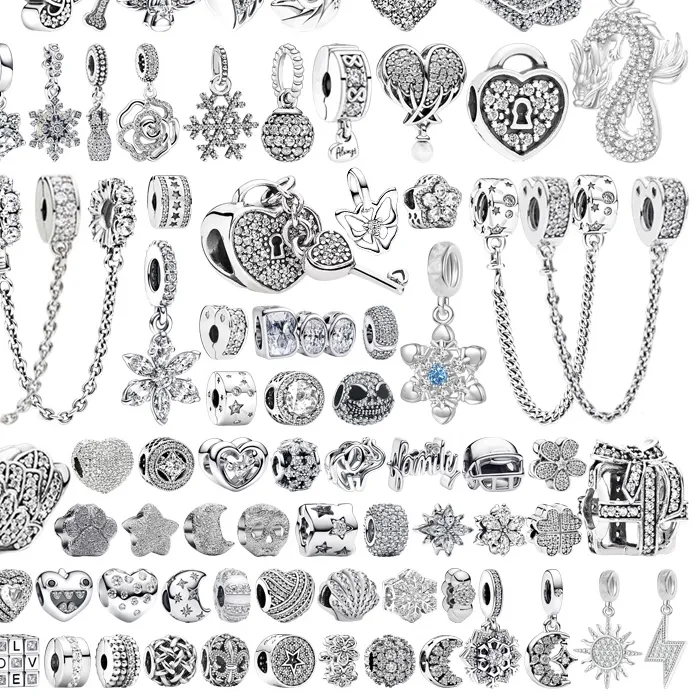 Authentic 925 Silver CZ Pave Charms for Bracelet DIY Jewelry Making Dragon Swan Heart Snowflake Lock Safety Chain Pendant Bead Women