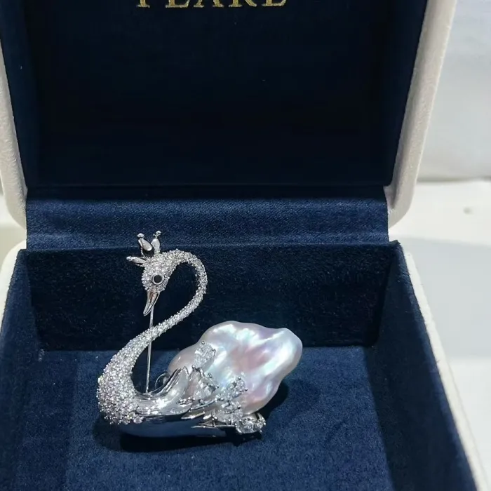 Authentic Ethereal White Swan Guardian - Fresh Water Aurora Pearl Brooch for Women's Protection and Love