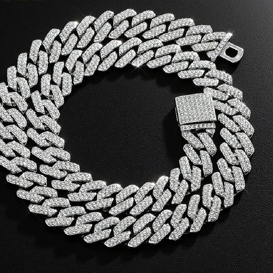 Authentic Hip Hop Square 14MM Cuban Link Necklace Men Gold Color Women Rhinestone Iced Out Cuban Chain Punk Jewelry Necklaces
