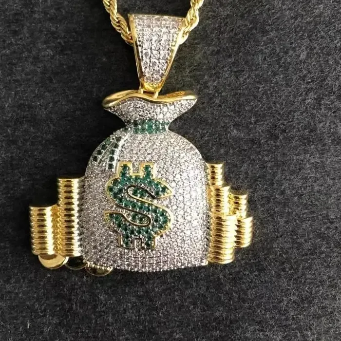 Authentic Hip Hop Ice Out Dollar Money Bag Necklace Shiny Cubic Zirconia Wallet Pendant for Men Women Hip Hop Rock Rap Cool Jewelry