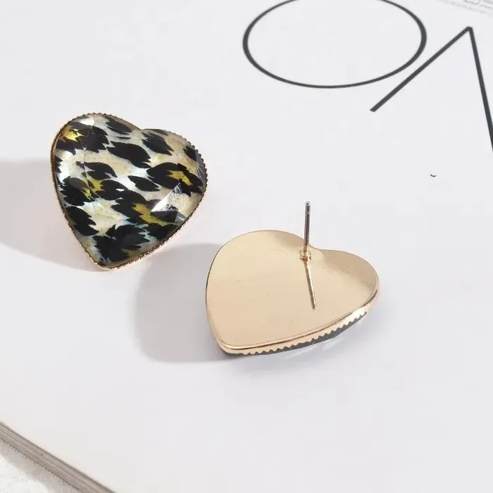 Authentic 10pairs Heart Shape Geometric Stud Trend Design Resin Abalone Shell Leopard Print Pattern Earrings Gold Color Brand Jewelry