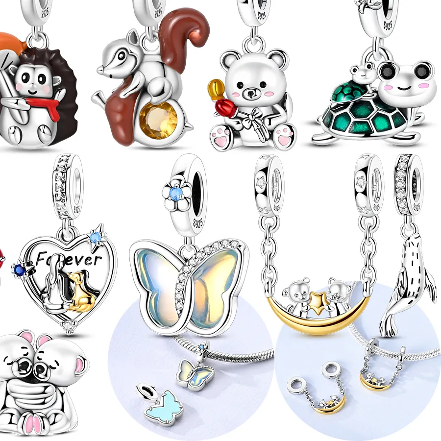 Authentic Animal Hedgehog Squirrel Bear Turtle Silver Plated Bead Original Charm Fit Bracelets Bag Keychain Charm Diy Women Accessory