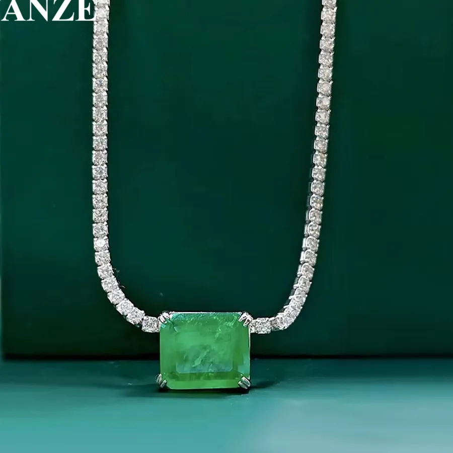Authentic 100 925 Real Silver 10 12Mm Emerald Paraiba Lab Diamond Necklace Tennis Pendant Jewelry